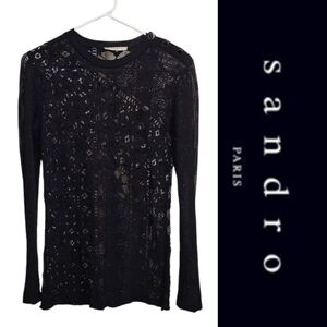Sandro Paris Button Shoulder Lace Long Sleeve Top